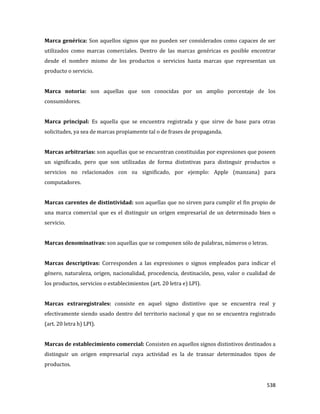 538
Marca genérica: Son aquellos signos que no pueden ser considerados como capaces de ser
utilizados como marcas comerciales. Dentro de las marcas genéricas es posible encontrar
desde el nombre mismo de los productos o servicios hasta marcas que representan un
producto o servicio.
Marca notoria: son aquellas que son conocidas por un amplio porcentaje de los
consumidores.
Marca principal: Es aquella que se encuentra registrada y que sirve de base para otras
solicitudes, ya sea de marcas propiamente tal o de frases de propaganda.
Marcas arbitrarias: son aquellas que se encuentran constituidas por expresiones que poseen
un significado, pero que son utilizadas de forma distintivas para distinguir productos o
servicios no relacionados con su significado, por ejemplo: Apple (manzana) para
computadores.
Marcas carentes de distintividad: son aquellas que no sirven para cumplir el fin propio de
una marca comercial que es el distinguir un origen empresarial de un determinado bien o
servicio.
Marcas denominativas: son aquellas que se componen sólo de palabras, números o letras.
Marcas descriptivas: Corresponden a las expresiones o signos empleados para indicar el
género, naturaleza, origen, nacionalidad, procedencia, destinación, peso, valor o cualidad de
los productos, servicios o establecimientos (art. 20 letra e) LPI).
Marcas extraregistrales: consiste en aquel signo distintivo que se encuentra real y
efectivamente siendo usado dentro del territorio nacional y que no se encuentra registrado
(art. 20 letra h) LPI).
Marcas de establecimiento comercial: Consisten en aquellos signos distintivos destinados a
distinguir un origen empresarial cuya actividad es la de transar determinados tipos de
productos.
 