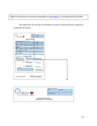 57
Para determinar de qué tipo de formulario se trata es importante poner atención al
encabezado del mismo:
Todos los formularios se encuentran disponibles en www.inapi.cl y en las dependencias de INAPI.
 