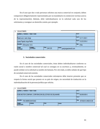 61
En el caso que dos o más personas soliciten una marca comercial en conjunto, deben
comparecer obligatoriamente representados por un mandatario en común (ver normas acerca
de la representación). Además, debe individualizarse en la solicitud cada uno de los
solicitantes y consignar un domicilio común, por ejemplo:
3. Sociedades comerciales
En el caso de las sociedades comerciales, éstas deben individualizarse conforme su
razón social o nombre comercial tal cual se consigna en su escritura y, eventualmente, se
puede señalar en la solicitud su nombre de fantasía. Por otro lado, se debe señalar de qué tipo
de sociedad comercial consiste.
En el caso de las sociedades comerciales extranjeras debe tenerse presente que se
respeta la forma social que poseen en su país de origen, sin necesidad de traducción en la
individualización de la persona jurídica que solicita.
 