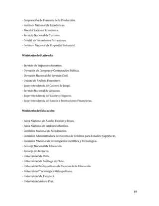 89
- Corporación de Fomento de la Producción.
- Instituto Nacional de Estadísticas.
- Fiscalía Nacional Económica.
- Servicio Nacional de Turismo.
- Comité de Inversiones Extranjeras.
- Instituto Nacional de Propiedad Industrial.
Ministerio de Hacienda:
- Servicio de Impuestos Internos.
- Dirección de Compras y Contratación Pública.
- Dirección Nacional del Servicio Civil.
- Unidad de Análisis Financiero.
- Superintendencia de Casinos de Juego.
- Servicio Nacional de Aduanas.
- Superintendencia de Valores y Seguros.
- Superintendencia de Bancos e Instituciones Financieras.
Ministerio de Educación:
- Junta Nacional de Auxilio Escolar y Becas.
- Junta Nacional de Jardines Infantiles.
- Comisión Nacional de Acreditación.
- Comisión Administradora del Sistema de Créditos para Estudios Superiores.
- Comisión Nacional de Investigación Científica y Tecnológica.
- Consejo Nacional de Educación.
- Consejo de Rectores.
- Universidad de Chile.
- Universidad de Santiago de Chile.
- Universidad Metropolitana de Ciencias de la Educación.
- Universidad Tecnológica Metropolitana.
- Universidad de Tarapacá.
- Universidad Arturo Prat.
 