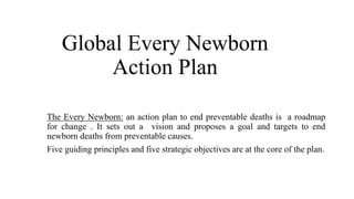 Global Every Newborn
Action Plan
The Every Newborn: an action plan to end preventable deaths is a roadmap
for change . It sets out a vision and proposes a goal and targets to end
newborn deaths from preventable causes.
Five guiding principles and five strategic objectives are at the core of the plan.
 
