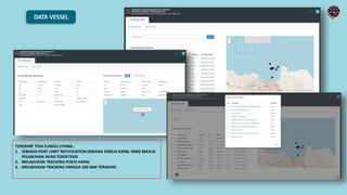 DATA VESSEL
TERDAPAT TIGA FUNGSI UTAMA :
1. SEBAGAI PORT LIMIT NOTIFICATION DIMANA SEMUA KAPAL YANG MASUK
PELABUHAN AKAN TERDETEKSI
2. MELAKUKAN TRACKING POSISI KAPAL
3. MELAKUKAN TRACKING HINGGA 100 JAM TERAKHIR
 