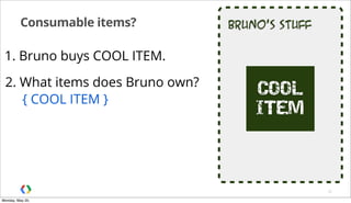 Bruno’s stuffConsumable items?
32
1. Bruno buys COOL ITEM.
COOL
ITEM
2. What items does Bruno own?
{ COOL ITEM }
Monday, May 20,
 
