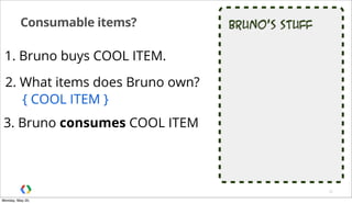 Bruno’s stuffConsumable items?
32
1. Bruno buys COOL ITEM.
2. What items does Bruno own?
{ COOL ITEM }
3. Bruno consumes COOL ITEM
Monday, May 20,
 