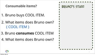 Bruno’s stuffConsumable items?
32
1. Bruno buys COOL ITEM.
2. What items does Bruno own?
{ COOL ITEM }
3. Bruno consumes COOL ITEM
4. What items does Bruno own?
Monday, May 20,
 