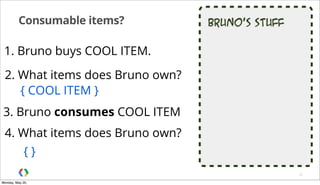 Bruno’s stuffConsumable items?
32
1. Bruno buys COOL ITEM.
2. What items does Bruno own?
{ COOL ITEM }
3. Bruno consumes COOL ITEM
4. What items does Bruno own?
{ }
Monday, May 20,
 