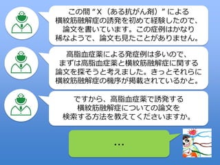 この間 “Ｘ（ある抗がん剤）” による
横紋筋融解症の誘発を初めて経験したので、
論文を書いています。この症例はかなり
稀なようで、論文も見たことがありません。
…
高脂血症薬による発症例は多いので、
まずは高脂血症薬と横紋筋融解症に関する
論文を探そうと考えました。きっとそれらに
横紋筋融解症の機序が掲載されているかと。
ですから、高脂血症薬で誘発する
横紋筋融解症についての論文を
検索する方法を教えてくださいますか。
 
