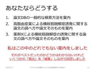 あなたならどうする
2016/5/2 これからの図書館における地域課題解決の取組み 11
1. 論文DBの一般的な検索方法を案内
2. 高脂血症薬による横紋筋融解症誘発に関する
論文の調べ方や論文そのものを案内
3. 薬剤Xによる横紋筋融解症の誘発に関する論
文の調べ方や論文そのものを案内
私はこの中のどれでもない案内をしました
それがベストだったのかどうかはわからないけれど
いくつかの「視点」を「編集」しながら回答しました
 