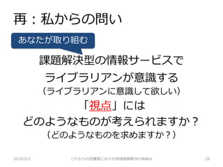 再：私からの問い
2016/5/2 これからの図書館における地域課題解決の取組み 28
課題解決型の情報サービスで
ライブラリアンが意識する
（ライブラリアンに意識して欲しい）
「視点」には
どのようなものが考えられますか？
（どのようなものを求めますか？）
あなたが取り組む
 