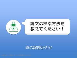 2016/5/2これからの図書館における地域課題解決の取組み 8
論文の検索方法を
教えてください！
真の課題か否か
 