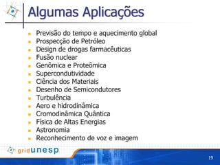 Algumas Aplicações
 Previsão do tempo e aquecimento global
 Prospecção de Petróleo
 Design de drogas farmacêuticas
 Fusão nuclear
 Genômica e Proteômica
 Supercondutividade
 Ciência dos Materiais
 Desenho de Semicondutores
 Turbulência
 Aero e hidrodinâmica
 Cromodinâmica Quântica
 Física de Altas Energias
 Astronomia
 Reconhecimento de voz e imagem

                                          19
 