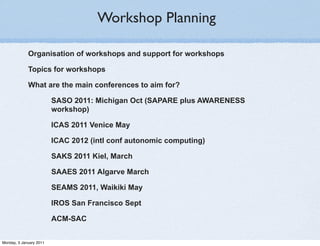 Workshop Planning

             Organisation of workshops and support for workshops

             Topics for workshops

             What are the main conferences to aim for?

                         SASO 2011: Michigan Oct (SAPARE plus AWARENESS
                         workshop)

                         ICAS 2011 Venice May

                         ICAC 2012 (intl conf autonomic computing)

                         SAKS 2011 Kiel, March

                         SAAES 2011 Algarve March

                         SEAMS 2011, Waikiki May

                         IROS San Francisco Sept

                         ACM-SAC


Monday, 3 January 2011
 