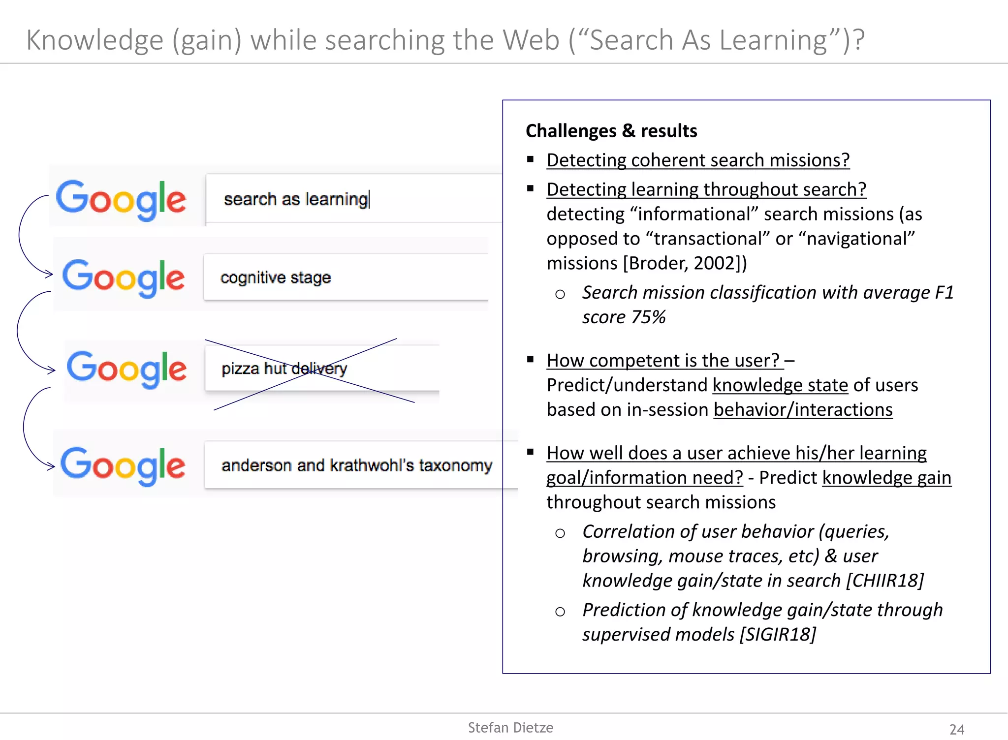 Knowledge (gain) while searching the Web (“Search As Learning”)?
Challenges & results
 Detecting coherent search missions?
 Detecting learning throughout search?
detecting “informational” search missions (as
opposed to “transactional” or “navigational”
missions [Broder, 2002])
o Search mission classification with average F1
score 75%
 How competent is the user? –
Predict/understand knowledge state of users
based on in-session behavior/interactions
 How well does a user achieve his/her learning
goal/information need? - Predict knowledge gain
throughout search missions
o Correlation of user behavior (queries,
browsing, mouse traces, etc) & user
knowledge gain/state in search [CHIIR18]
o Prediction of knowledge gain/state through
supervised models [SIGIR18]
24Stefan Dietze
 