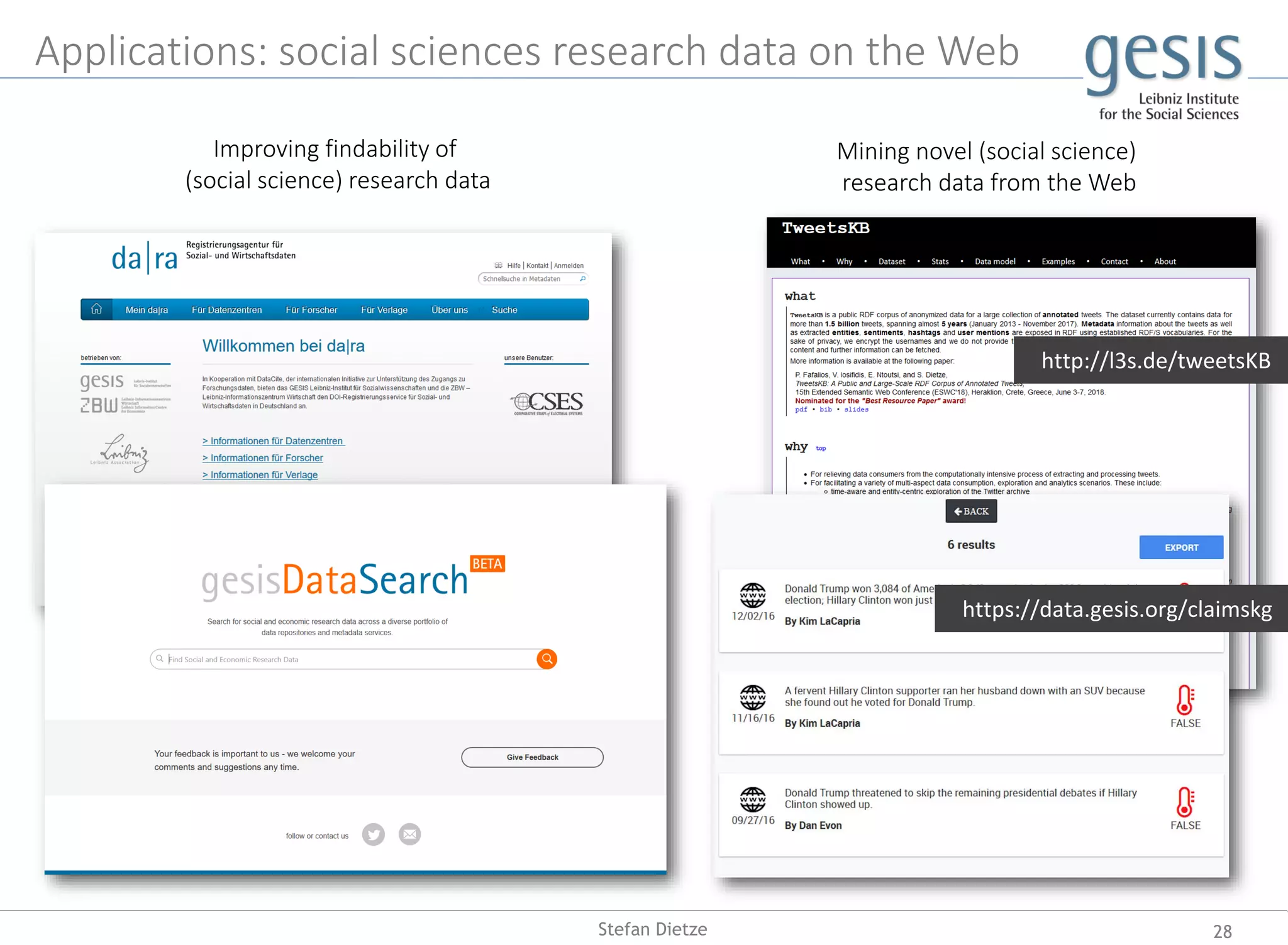 Applications: social sciences research data on the Web
28Stefan Dietze
Improving findability of
(social science) research data
Mining novel (social science)
research data from the Web
http://l3s.de/tweetsKB
https://data.gesis.org/claimskg
 
