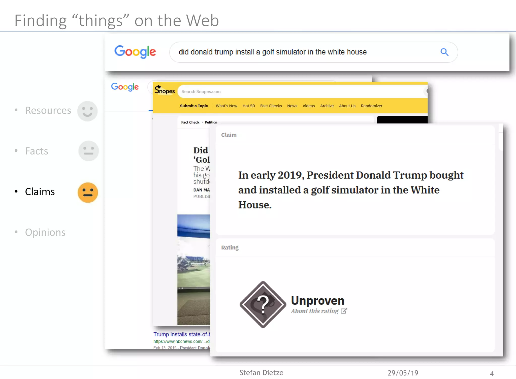 Finding “things” on the Web
• Resources
• Facts
• Claims
• Opinions
29/05/19 4Stefan Dietze
 