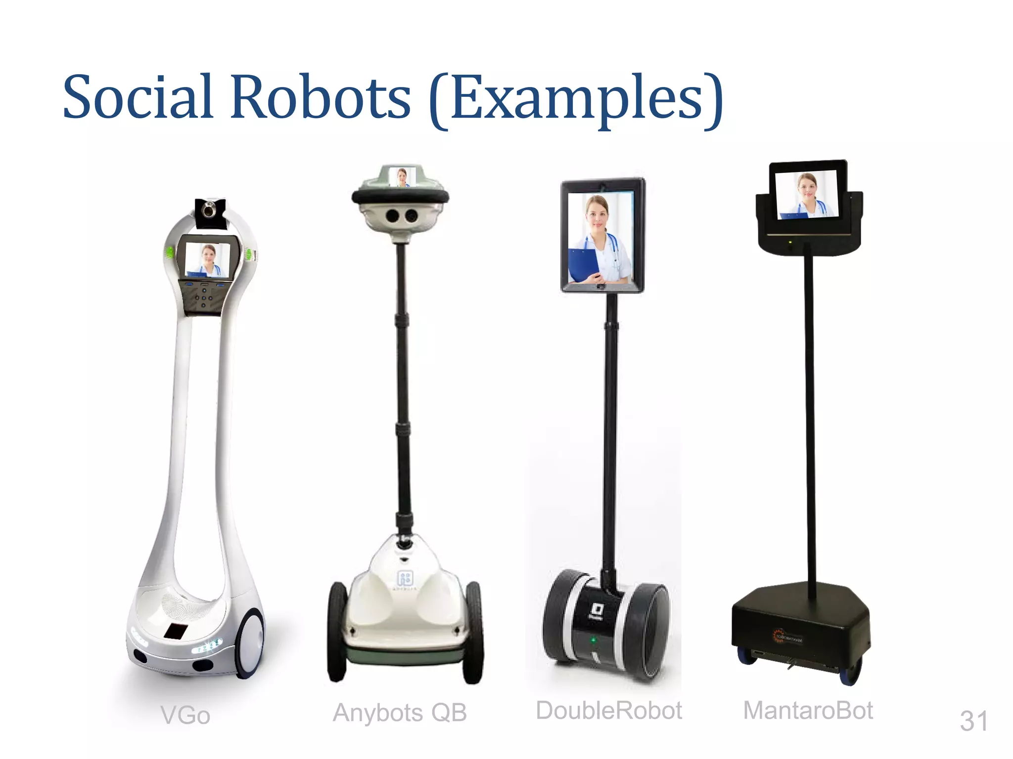 Social Robots (Examples)
VGo Anybots QB DoubleRobot MantaroBot 31
 