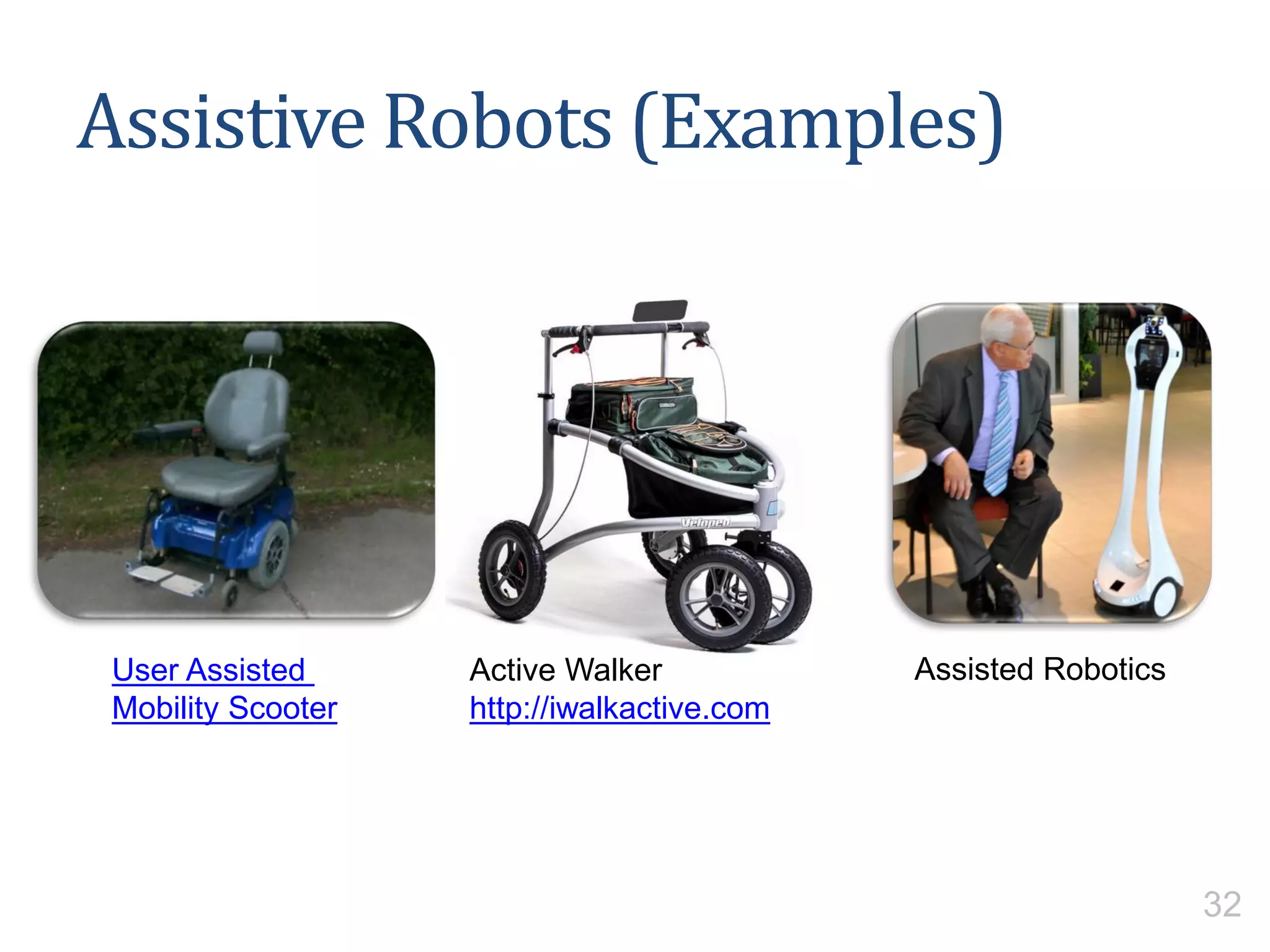 Assistive Robots (Examples)
User Assisted
Mobility Scooter
Assisted RoboticsActive Walker
http://iwalkactive.com
32
 