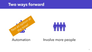 Two ways forward
Automation Involve more people
11
 