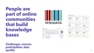 People are
part of online
communities
that build
knowledge
bases
Challenges: uneven
participation, data
quality 16
 