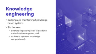 Knowledge
engineering
• Building and maintaining knowledge-
based systems
• Sits between
• Software engineering: how to build and
maintain software systems; and
• AI: how to represent knowledge
computationally
20XX 2
 