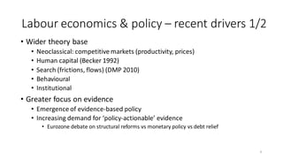 Labour economics & policy – recent drivers 1/2
• Wider theory base
• Neoclassical: competitive markets (productivity, prices)
• Human capital (Becker 1992)
• Search (frictions, flows) (DMP 2010)
• Behavioural
• Institutional
• Greater focus on evidence
• Emergence of evidence-based policy
• Increasing demand for ‘policy-actionable’ evidence
• Eurozone debate on structural reforms vs monetary policy vs debt relief
4
 
