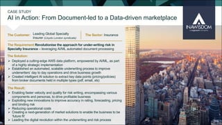 The Customer:
AI in Action: From Document-led to a Data-driven marketplace
The Sector: Insurance
The Solution:
The Result:
The Requirement Revolutionise the approach for under-writing risk in
Specialty Insurance – leveraging AI/ML automated document processing
Leading Global Specialty
Insurer (Lloyds London syndicate)
Ø Deployed a cutting-edge AWS data platform, empowered by AI/ML, as part
of a highly strategic implementation
Ø Established an automated, scalable underwriting process to improve
underwriters’ day to day operations and drive business growth
Ø Created intelligent AI solution to extract key data points (pricing/policies)
from broker documents held in multiple types (pdf, email, xls)
Ø Enabling faster velocity and quality for risk writing, encompassing various
components and personas, to drive profitable business
Ø Exploiting new innovations to improve accuracy in rating, forecasting, pricing
and binding risk
Ø Reducing operational costs
Ø Creating a next-generation of market solutions to enable the business to be
‘future fit’
Ø Leading the digital revolution within the underwriting and risk process
CASE STUDY
 