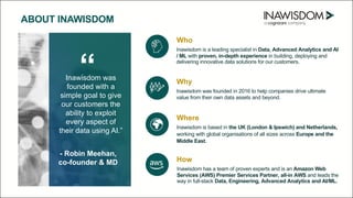 ABOUT INAWISDOM
“
Inawisdom was
founded with a
simple goal to give
our customers the
ability to exploit
every aspect of
their data using AI.”
- Robin Meehan,
co-founder & MD
Inawisdom is based in the UK (London & Ipswich) and Netherlands,
working with global organisations of all sizes across Europe and the
Middle East.
Inawisdom has a team of proven experts and is an Amazon Web
Services (AWS) Premier Services Partner, all-in AWS and leads the
way in full-stack Data, Engineering, Advanced Analytics and AI/ML.
Inawisdom was founded in 2016 to help companies drive ultimate
value from their own data assets and beyond.
Inawisdom is a leading specialist in Data, Advanced Analytics and AI
/ ML with proven, in-depth experience in building, deploying and
delivering innovative data solutions for our customers.
Who
Why
Where
How
 