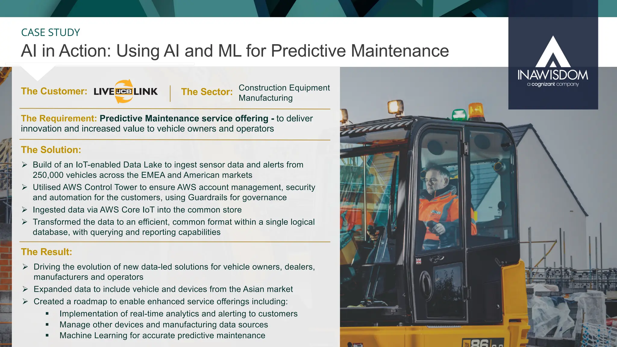 27
CASE STUDY
The Customer:
AI in Action: Using AI and ML for Predictive Maintenance
The Sector:
The Result:
The Solution:
The Requirement: Predictive Maintenance service offering - to deliver
innovation and increased value to vehicle owners and operators
Construction Equipment
Manufacturing
Ø Build of an IoT-enabled Data Lake to ingest sensor data and alerts from
250,000 vehicles across the EMEA and American markets
Ø Utilised AWS Control Tower to ensure AWS account management, security
and automation for the customers, using Guardrails for governance
Ø Ingested data via AWS Core IoT into the common store
Ø Transformed the data to an efficient, common format within a single logical
database, with querying and reporting capabilities
Ø Driving the evolution of new data-led solutions for vehicle owners, dealers,
manufacturers and operators
Ø Expanded data to include vehicle and devices from the Asian market
Ø Created a roadmap to enable enhanced service offerings including:
§ Implementation of real-time analytics and alerting to customers
§ Manage other devices and manufacturing data sources
§ Machine Learning for accurate predictive maintenance
 