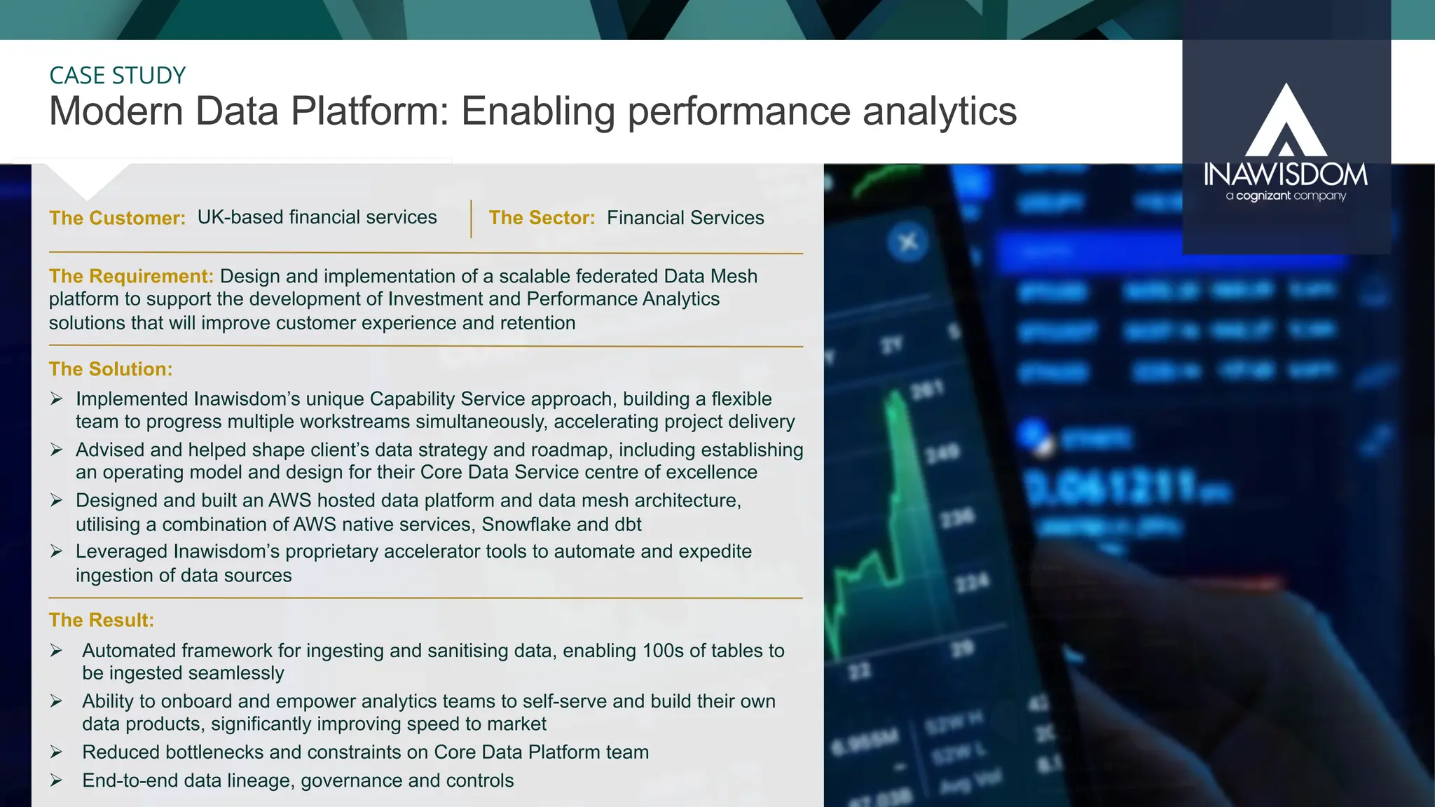 35
CASE STUDY
The Customer:
Modern Data Platform: Enabling performance analytics
The Sector: Financial Services
Ø Automated framework for ingesting and sanitising data, enabling 100s of tables to
be ingested seamlessly
Ø Ability to onboard and empower analytics teams to self-serve and build their own
data products, significantly improving speed to market
Ø Reduced bottlenecks and constraints on Core Data Platform team
Ø End-to-end data lineage, governance and controls
The Solution:
The Requirement: Design and implementation of a scalable federated Data Mesh
platform to support the development of Investment and Performance Analytics
solutions that will improve customer experience and retention
Ø Implemented Inawisdom’s unique Capability Service approach, building a flexible
team to progress multiple workstreams simultaneously, accelerating project delivery
Ø Advised and helped shape client’s data strategy and roadmap, including establishing
an operating model and design for their Core Data Service centre of excellence
Ø Designed and built an AWS hosted data platform and data mesh architecture,
utilising a combination of AWS native services, Snowflake and dbt
Ø Leveraged Inawisdom’s proprietary accelerator tools to automate and expedite
ingestion of data sources
The Result:
UK-based financial services
 