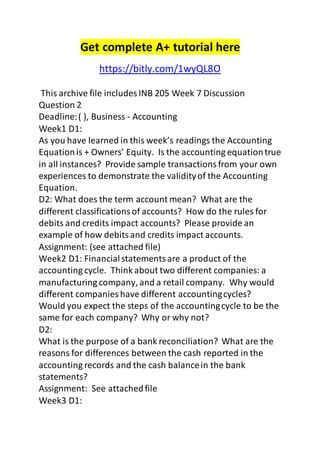 Get complete A+ tutorial here 
https://bitly.com/1wyQL8O 
This archive file includes INB 205 Week 7 Discussion 
Question 2 
Deadline: ( ), Business - Accounting 
Week1 D1: 
As you have learned in this week’s readings the Accounting 
Equation is + Owners’ Equity. Is the accounting equation true 
in all instances? Provide sample transactions from your own 
experiences to demonstrate the validity of the Accounting 
Equation. 
D2: What does the term account mean? What are the 
different classifications of accounts? How do the rules for 
debits and credits impact accounts? Please provide an 
example of how debits and credits impact accounts. 
Assignment: (see attached file) 
Week2 D1: Financial statements are a product of the 
accounting cycle. Think about two different companies: a 
manufacturing company, and a retail company. Why would 
different companies have different accounting cycles? 
Would you expect the steps of the accounting cycle to be the 
same for each company? Why or why not? 
D2: 
What is the purpose of a bank reconciliation? What are the 
reasons for differences between the cash reported in the 
accounting records and the cash balance in the bank 
statements? 
Assignment: See attached file 
Week3 D1: 
 