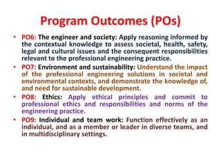 Program Outcomes (POs)
• PO6: The engineer and society: Apply reasoning informed by
the contextual knowledge to assess societal, health, safety,
legal and cultural issues and the consequent responsibilities
relevant to the professional engineering practice.
• PO7: Environment and sustainability: Understand the impact
of the professional engineering solutions in societal and
environmental contexts, and demonstrate the knowledge of,
and need for sustainable development.
• PO8: Ethics: Apply ethical principles and commit to
professional ethics and responsibilities and norms of the
engineering practice.
• PO9: Individual and team work: Function effectively as an
individual, and as a member or leader in diverse teams, and
in multidisciplinary settings.
 