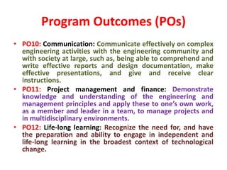 Program Outcomes (POs)
• PO10: Communication: Communicate effectively on complex
engineering activities with the engineering community and
with society at large, such as, being able to comprehend and
write effective reports and design documentation, make
effective presentations, and give and receive clear
instructions.
• PO11: Project management and finance: Demonstrate
knowledge and understanding of the engineering and
management principles and apply these to one’s own work,
as a member and leader in a team, to manage projects and
in multidisciplinary environments.
• PO12: Life-long learning: Recognize the need for, and have
the preparation and ability to engage in independent and
life-long learning in the broadest context of technological
change.
 