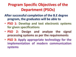 Program Specific Objectives of the
Department (PSOs)
After successful completion of the B.E degree
program, the graduates will be able to
• PSO 1: Develop and test electronic systems
for given specifications
• PSO 2: Design and analyze the signal
processing systems as per the requirements
• PSO 3: Apply appropriate technology for the
implementation of modern communication
systems
 