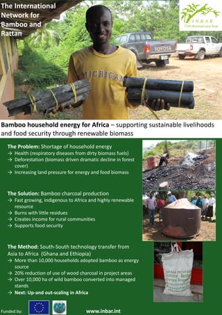 The International
Network for
Bamboo and
Rattan




Bamboo household energy for Africa – supporting sustainable livelihoods
and food security through renewable biomass
   The Problem: Shortage of household energy
   → Health (respiratory diseases from dirty biomass fuels)
   → Deforestation (biomass driven dramatic decline in forest
     cover)
   → Increasing land pressure for energy and food biomass



   The Solution: Bamboo charcoal production
   → Fast growing, indigenous to Africa and highly renewable
     resource
   → Burns with little residues
   → Creates income for rural communities
   → Supports food security



   The Method: South-South technology transfer from
   Asia to Africa (Ghana and Ethiopia)
   → More than 10,000 households adopted bamboo as energy
     source
   → 20% reduction of use of wood charcoal in project areas
   → Over 10,000 ha of wild bamboo converted into managed
     stands
   → Next: Up-and out-scaling in Africa


Funded by:                            www.inbar.int
 