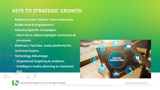 © 2025 Interics Designs Pvt. Ltd | All rights reserved www.intericsdesigns.com
KEYS TO STRATEGIC GROWTH
• Relevance over Volume: Smart execution
builds trust & engagement.
• Industry-Specific Campaigns:
⚬ Short-form videos highlight innovation &
processes.
• Webinars, YouTube, trade platforms for
technical buyers.
• Technology Advantage:
⚬ AI-powered targeting & analytics.
⚬ Intelligent media planning to maximise
ROI.
 