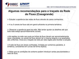 Algumas recomendações para o traçado da Rede
de Fluxo (Casagrande)
 Estudar a aparência das redes de fluxo através de casos conhecidos;
 4 ou 5 canais de fluxo são em geral suficiente na primeira tentativa;
 Observar a aparência geral da rede. Não tentar ajustar os detalhes até que
toda rede esteja aproximadamente correta;
Há regiões na rede nas quais as linhas de fluxo devem ser aproximadamente
retas e paralelas; os canais de fluxo devem ter a mesma largura e os quadrados
são uniformes. Inicia-se o traçado da rede por esta região para facilitar a solução;
A rede de fluxo em áreas confinadas, limitada por contornos paralelos, é
simétrica, consistindo em curvas de forma elíptica;
 Notar que as condições de contorno podem introduzir certas peculiaridades a
rede de fluxo.
 