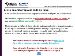 Efeito da anisotropia na rede de fluxo
Com freqüência os coeficientes de permeabilidade não iguais nas duas direções.
O coeficiente de permeabilidade na direção horizontal tende a ser maior do
que a permeabilidade na direção vertical.
Nesta situação as linhas de fluxo não são mais perpendiculares às equipotenciais.
Existe agora uma maior facilidade para que a energia se perca segundo uma
direção preferencial. Como se indica na Figura, há maior permeabilidade na
direção horizontal, e a linha de fluxo se distorce nesta direção.
Matematicamente isto se constata pelo fato da equação de
fluxo não se expressar por uma equação de Laplace.
Para o traçado de redes nesta situação, recorre-se a uma
transformação do problema, como se mostra a seguir
 