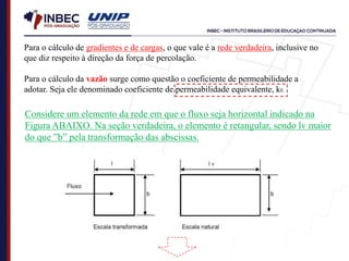 Para o cálculo de gradientes e de cargas, o que vale é a rede verdadeira, inclusive no
que diz respeito à direção da força de percolação.
Para o cálculo da vazão surge como questão o coeficiente de permeabilidade a
adotar. Seja ele denominado coeficiente de permeabilidade equivalente, kE
Considere um elemento da rede em que o fluxo seja horizontal indicado na
Figura ABAIXO. Na seção verdadeira, o elemento é retangular, sendo lv maior
do que ”b” pela transformação das abscissas.
 