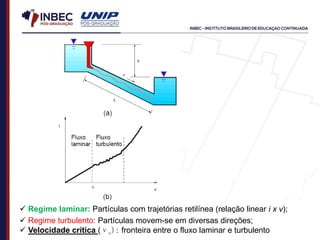  Regime laminar: Partículas com trajetórias retilínea (relação linear i x v);
 Regime turbulento: Partículas movem-se em diversas direções;
 Velocidade crítica (νc): fronteira entre o fluxo laminar e turbulento
 