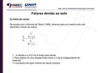)
1
(
)
1
(
2
3
2
1
3
1
2
1
e
e
e
e
k
k



 a relação k x e3/(1+e) é linear para areias;
 Para argilas há uma relação linear entre e x log K (independente do
material);
 k aumenta com para índices de vazios maiores.
b) índice de vazios
De acordo com a fórmula de Taylor (1948), teremos para um mesmo solo com
diferentes índices de vazios:
Fatores devido ao solo
 