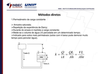1.Permeâmetro de carga constante
 Amostra saturada;
Repetição da experiência de Darcy;
Durante do ensaio é mantida a carga constante;
Mede-se o volume de água (V) percolada em um determinado tempo;
Indicado para solos mais permeáveis (solos com k baixo pode demorar muito
tempo para percolar água).
Aht
VL
Ah
QL
iA
Q
k 


Métodos diretos
 