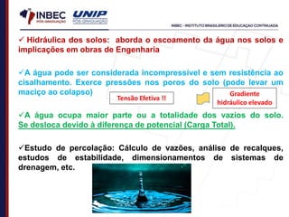  Hidráulica dos solos: aborda o escoamento da água nos solos e
implicações em obras de Engenharia
A água pode ser considerada incompressível e sem resistência ao
cisalhamento. Exerce pressões nos poros do solo (pode levar um
maciço ao colapso)
A água ocupa maior parte ou a totalidade dos vazios do solo.
Se desloca devido à diferença de potencial (Carga Total).
Estudo de percolação: Cálculo de vazões, análise de recalques,
estudos de estabilidade, dimensionamentos de sistemas de
drenagem, etc.
Tensão Efetiva !!
Gradiente
hidráulico elevado
 