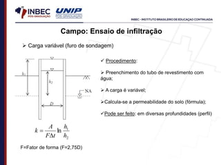 2
1
ln
h
h
t
F
A
k


Campo: Ensaio de infiltração
 Carga variável (furo de sondagem)
F=Fator de forma (F=2,75D)
 Procedimento:
 Preenchimento do tubo de revestimento com
água;
 A carga é variável;
Calcula-se a permeabilidade do solo (fórmula);
Pode ser feito: em diversas profundidades (perfil)
 