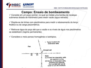  Consiste em um poço central, no qual se instala uma bomba de recalque
submersa dotada de hidrômetro para medir vazão (água retirada);
 Dispõe-se de linhas com piezômetros para medir o rebaixamento do lenço
freático ou da carga piezométrica;
 Retira-se água do poço até que a vazão e os níveis de água nos piezômetros
se estabilizem (regime permanente);
 Considera o meio poroso homogêneo e isotrópico.
Campo: Ensaio de bombeamento
 