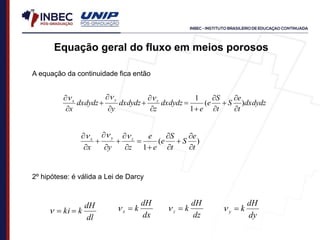 A equação da continuidade fica então
dxdydz
t
e
S
t
S
e
e
dxdydz
z
dxdydz
y
dxdydz
x
z
y
x
)
(
1
1














 


)
(
1 t
e
S
t
S
e
e
e
z
y
x
z
y
x














 


2º hipótese: é válida a Lei de Darcy
dl
dH
k
ki 

 dz
dH
k
z 

dy
dH
k
y 

dx
dH
k
x 

Equação geral do fluxo em meios porosos
 