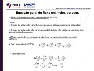 c) Fluxo Transiente em meio indeformável (de/dt=0)
Casos:
 O grau de saturação varia: fluxo de água em solos parcialmente saturados;
 O grau de saturação não varia: cargas hidráulicas não estão em equilíbrio com
as condições de contorno.
e) Fluxo transiente em meio deformável com grau de saturação constante
(dS/dt=0)
 Solo saturado (S=100%) )
(
1
1
2
2
2
2
2
2
t
e
e
z
H
k
y
H
k
x
H
k z
y
x












t
H
m
z
H
y
H
x
H
t
e
e
z
H
y
H
x
H
k
w
v

























)
(
)
(
1
1
)
(
2
2
2
2
2
2
2
2
2
2
2
2
 Solo isotrópico
Equação geral do fluxo em meios porosos
 