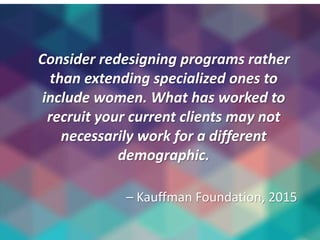 Consider redesigning programs rather
than extending specialized ones to
include women. What has worked to
recruit your current clients may not
necessarily work for a different
demographic.
– Kauffman Foundation, 2015
 