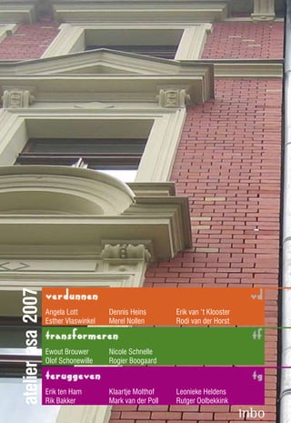 atelier asa 2007




                   verdunnen                                                      vd
                   Angela Lott         Dennis Heins        Erik van ‘t Klooster
                   Esther Vlaswinkel   Merel Nollen        Rodi van der Horst

                   transformeren	                                                 tf
                   Ewout Brouwer       Nicole Schnelle
                   Olof Schonewille    Rogier Boogaard

                   teruggeven                                                     tg
                   Erik ten Ham        Klaartje Molthof    Leonieke Heldens
                   Rik Bakker          Mark van der Poll   Rutger Oolbekkink
 