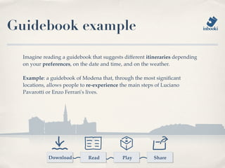 Guidebook example

  Imagine reading a guidebook that suggests different itineraries depending
  on your preferences, on the date and time, and on the weather.

  Example: a guidebook of Modena that, through the most signiﬁcant
  locations, allows people to re-experience the main steps of Luciano
  Pavarotti or Enzo Ferrari's lives.




            Download         Read           Play         Share
 