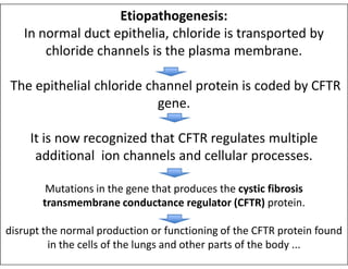 Etiopathogenesis:
In normal duct epithelia, chloride is transported by
chloride channels is the plasma membrane.
The epithelial chloride channel protein is coded by CFTR
gene.
It is now recognized that CFTR regulates multiple
It is now recognized that CFTR regulates multiple
additional ion channels and cellular processes.
Mutations in the gene that produces the cystic fibrosis
transmembrane conductance regulator (CFTR) protein.
disrupt the normal production or functioning of the CFTR protein found
in the cells of the lungs and other parts of the body ...
 